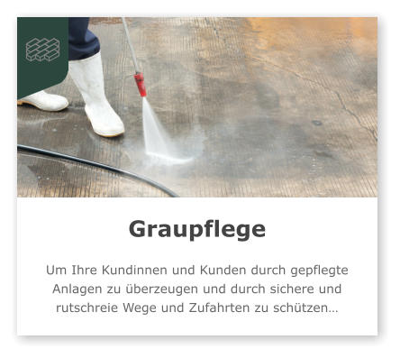 Graupflege  Um Ihre Kundinnen und Kunden durch gepflegte Anlagen zu überzeugen und durch sichere und rutschreie Wege und Zufahrten zu schützen…