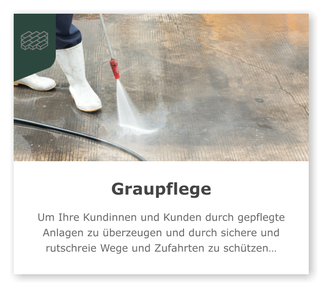 Graupflege  Um Ihre Kundinnen und Kunden durch gepflegte Anlagen zu überzeugen und durch sichere und rutschreie Wege und Zufahrten zu schützen…