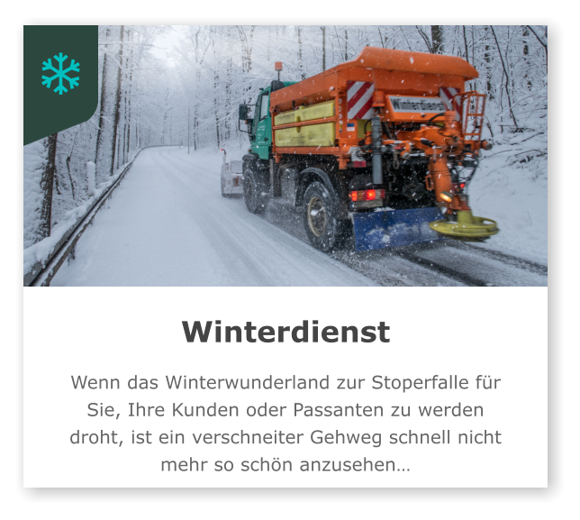 Winterdienst  Wenn das Winterwunderland zur Stoperfalle für Sie, Ihre Kunden oder Passanten zu werden droht, ist ein verschneiter Gehweg schnell nicht mehr so schön anzusehen…
