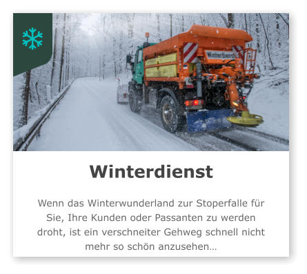 Winterdienst  Wenn das Winterwunderland zur Stoperfalle für Sie, Ihre Kunden oder Passanten zu werden droht, ist ein verschneiter Gehweg schnell nicht mehr so schön anzusehen…